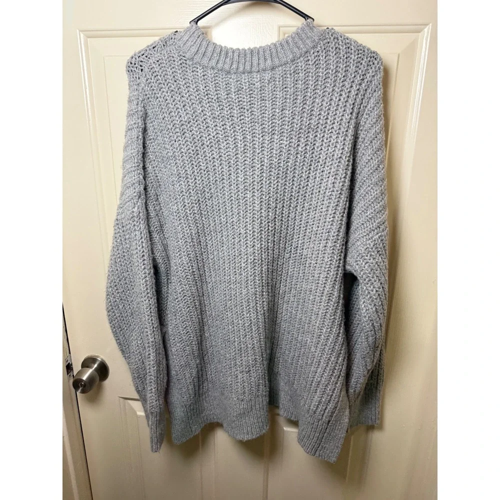 Aerie Oversized Grey Shaker Knit Crewneck Sweater Large Slouchy Cotton Blend